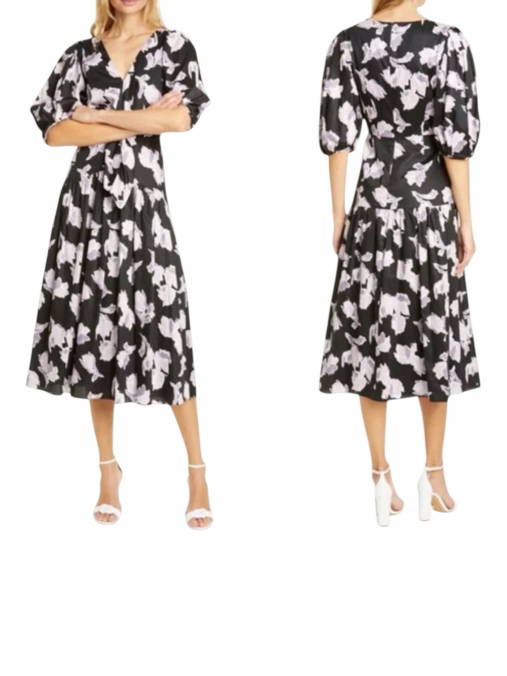 Rebecca Taylor Ikat Tie Front Midi Dress Black Purple Floral 14 NWT